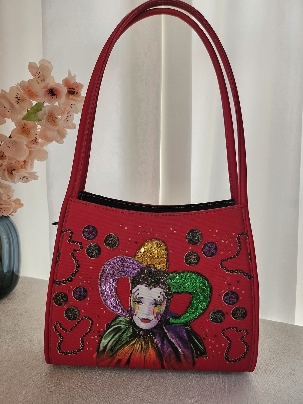 Red Sequin Jester Appliqué Shoulder Bag Vintage Mardi Gras Purse Bold Bright - Picture 2 of 16